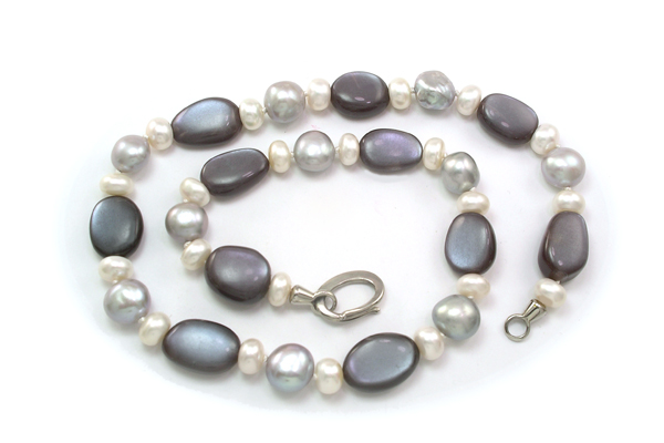 Labradorite moonstone, gray and white pearls composition with Marinus handmade tendril clasp
