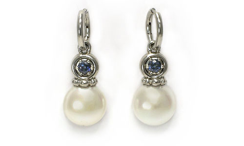 Tourbillon Hoop Earrings in 19k white gold with sapphires and large button pearls - by Martinus